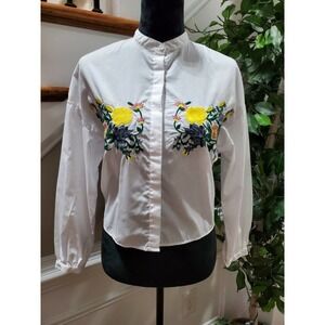 Bleuh Ciel Women's White Floral Polyester Long Sleeve Button Down Shirt Size S